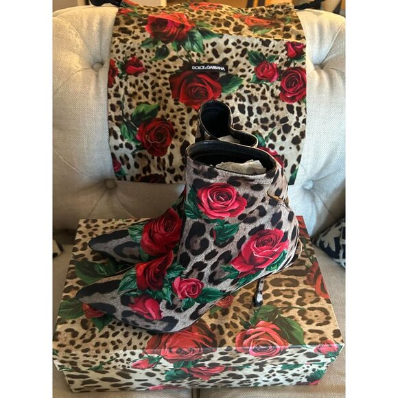 NIB $1195 Dolce & Gabbana Leopard Rose Print Stretch Boots Size 10 - Picture 5 of 9